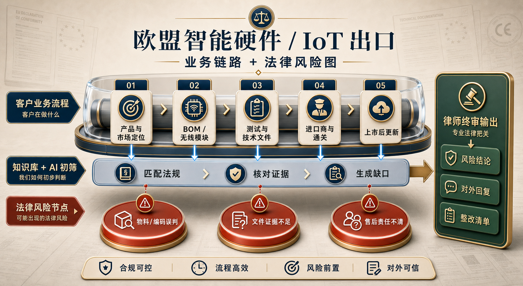 欧盟智能硬件 IoT 出口专业知识库图谱：产品定义、BOM 物料、测试技术文件、报关通关、欧盟交付售后与法律风险节点